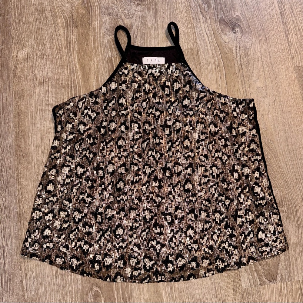 Anthropologie THML leopard print sequin velvet tank top high square neck S